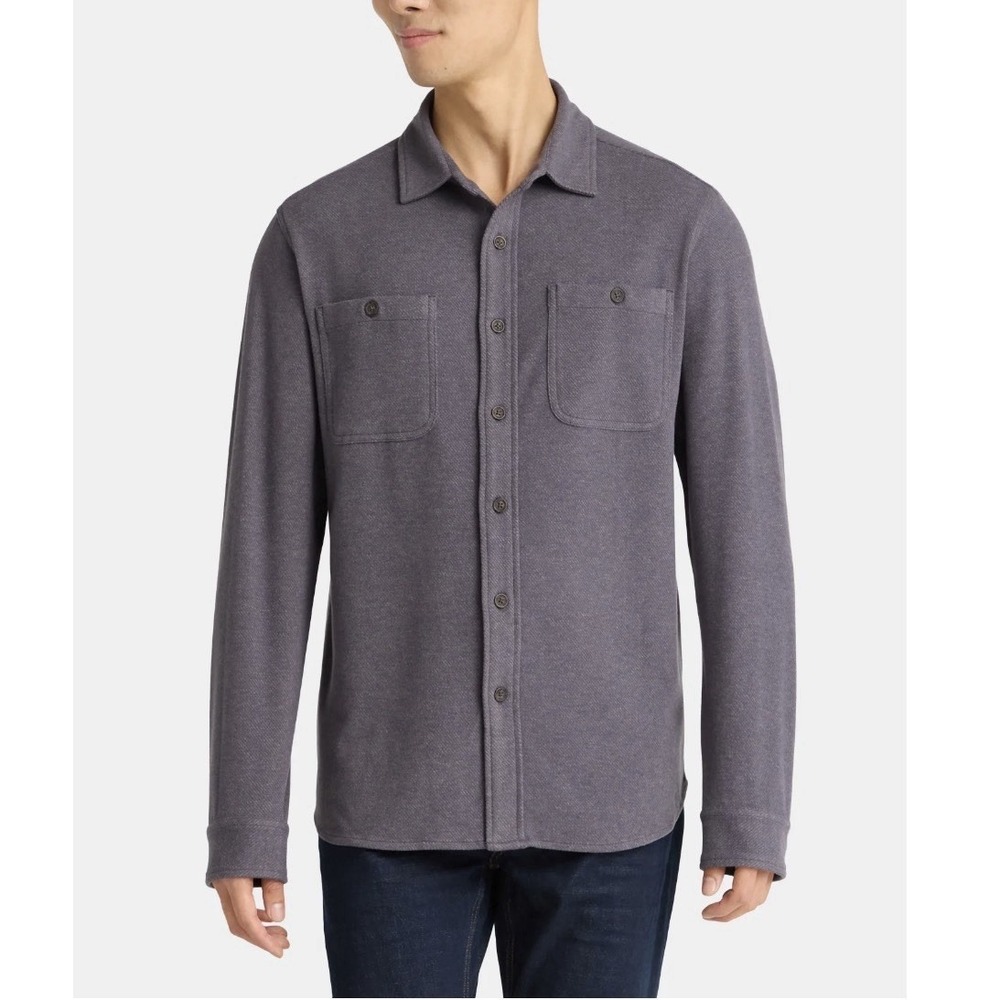 George Men's-Brushed Knit-Button Down Shirt-Charcoal Heather-Size Small‎
